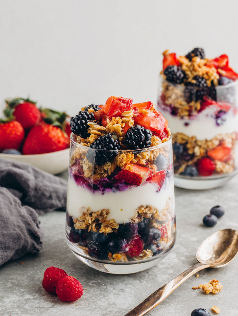 A glass of yogurt parfait with berries and granola.