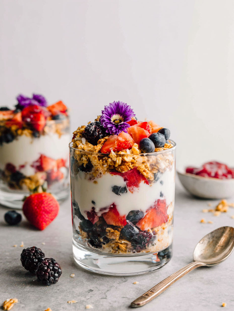 A glass of yogurt parfait with berries and granola.
