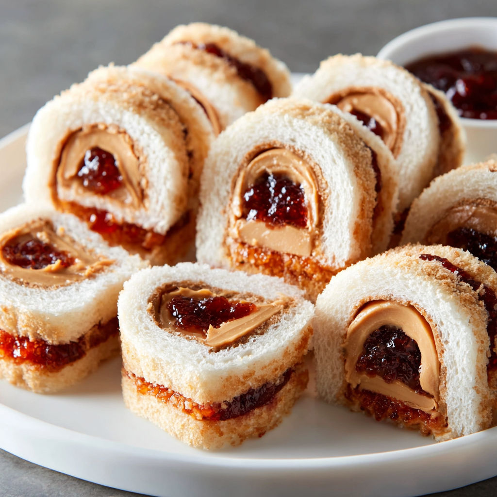 A plate of peanut butter and jelly sushi rolls.