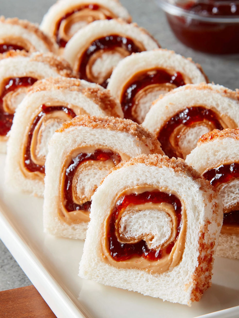 A plate of peanut butter and jelly sushi rolls.