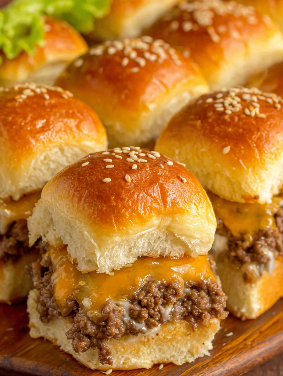 A plate of hamburger sandwiches with sesame seeds on top.