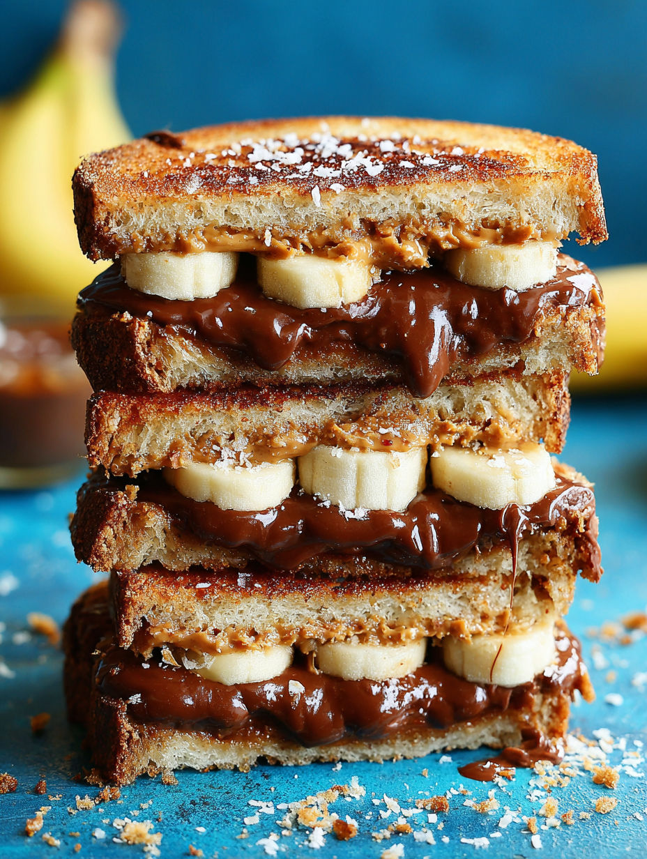 A stack of grilled banana sandwiches with Nutella.
