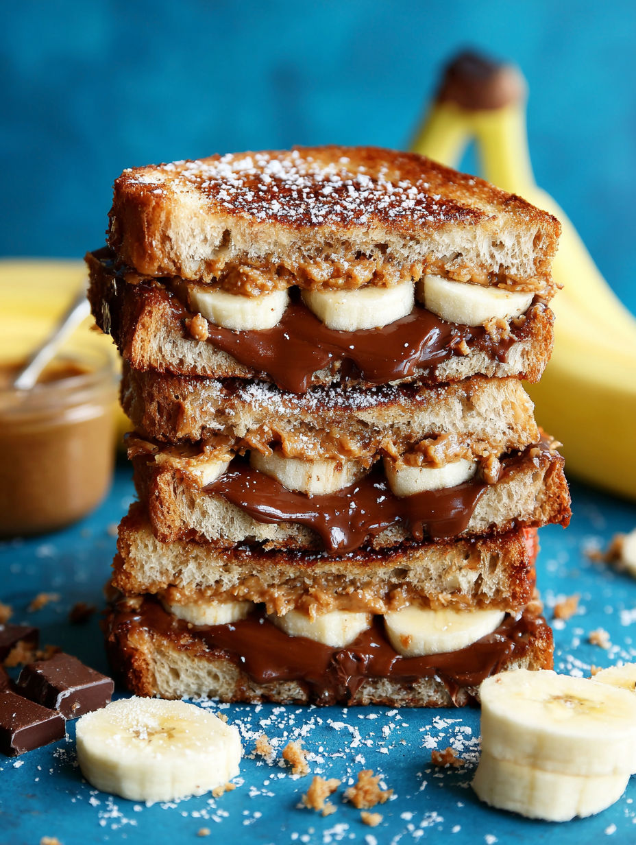 A stack of grilled banana sandwiches with Nutella and chocolate.