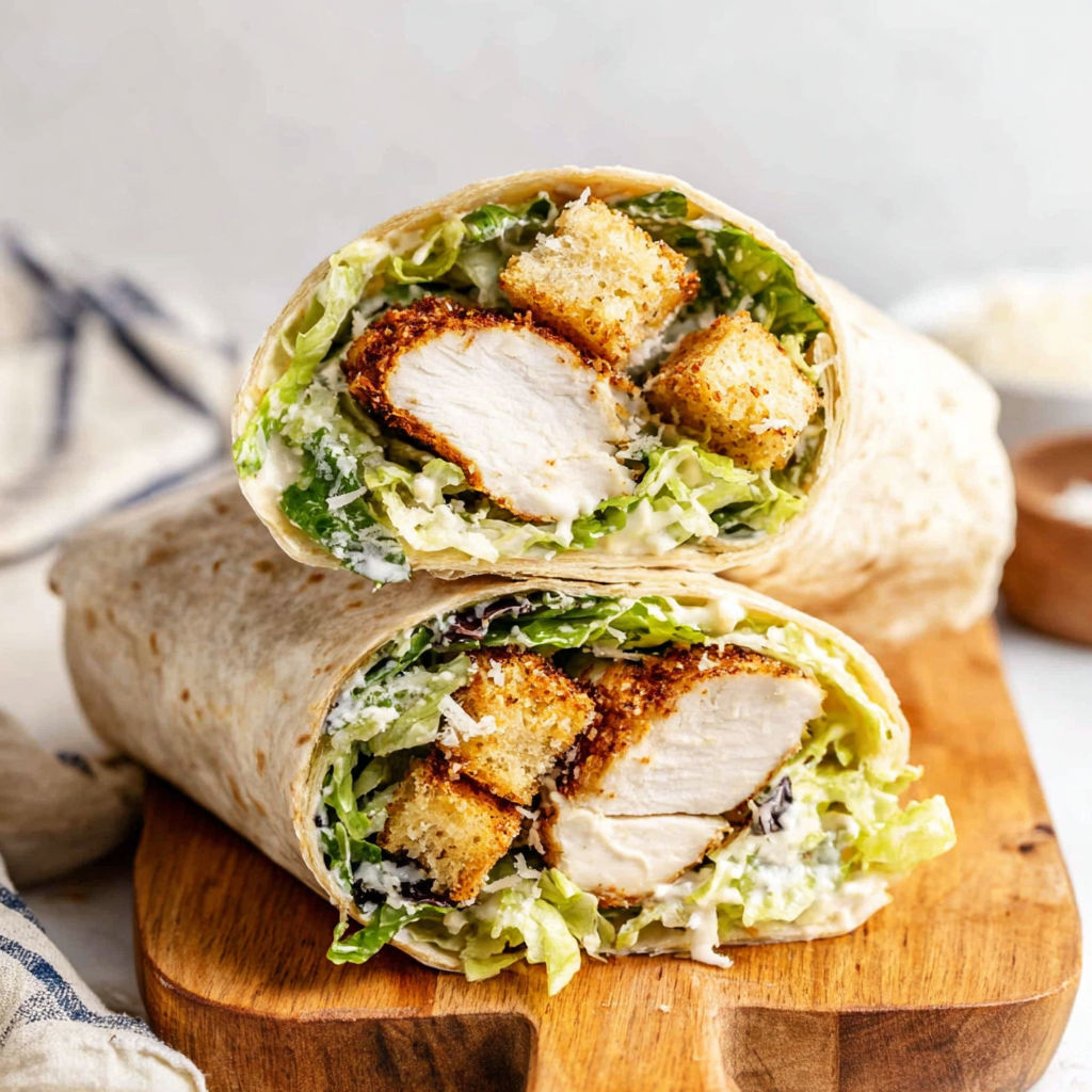 A chicken Caesar wrap is shown on a cutting board.