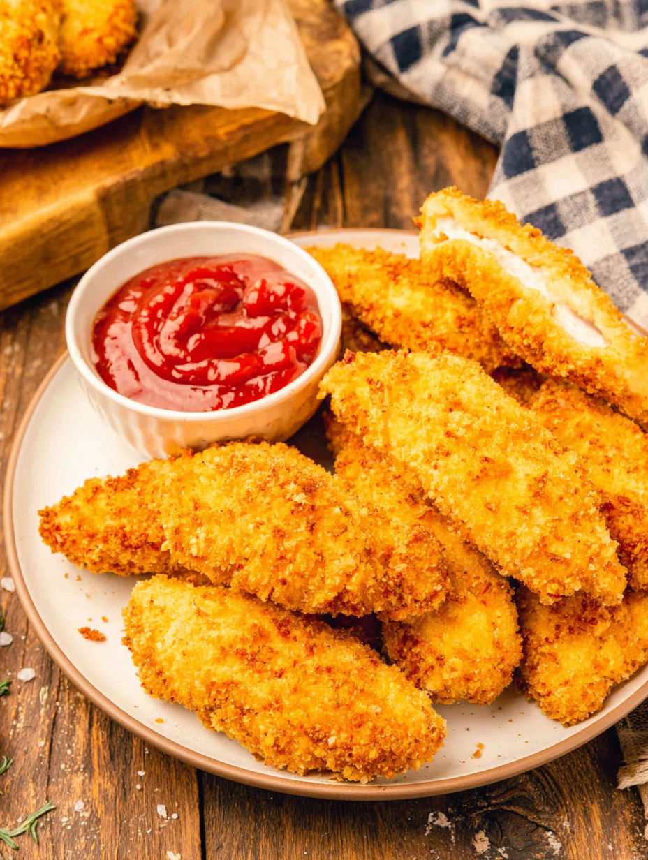 A plate of fried chicken with a bowl of ketchup on the side.
