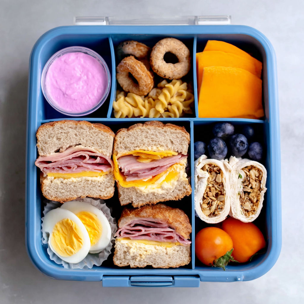 A blue lunch box filled with a variety of foods.