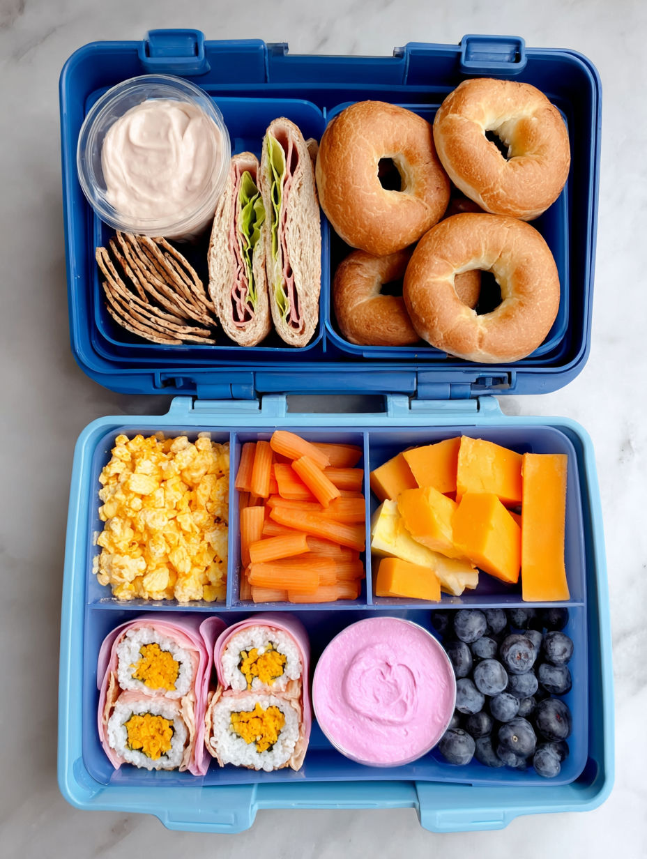 A blue lunch box with a variety of foods.