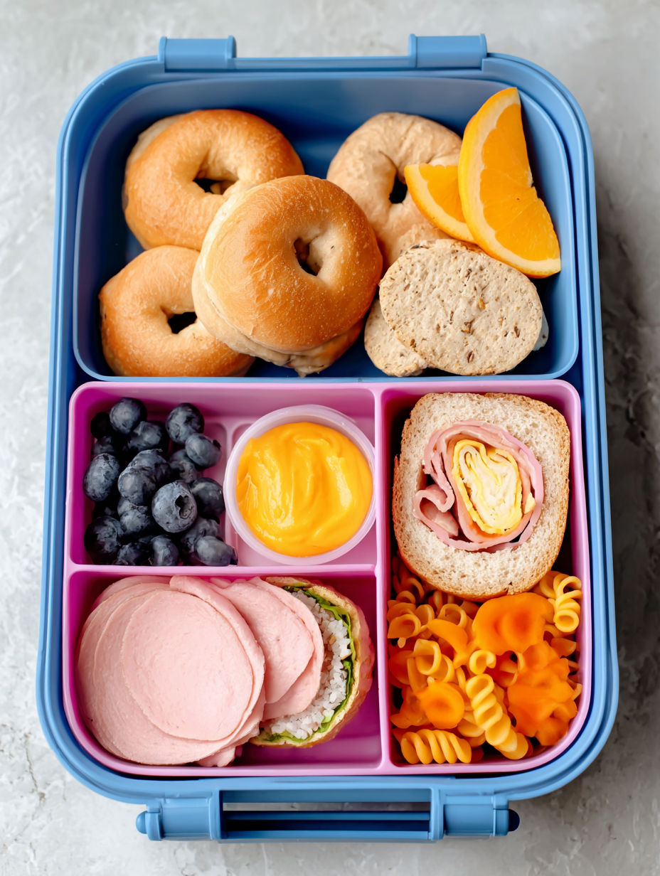 A blue plastic container with a variety of food items including a sandwich, pasta, and fruit.