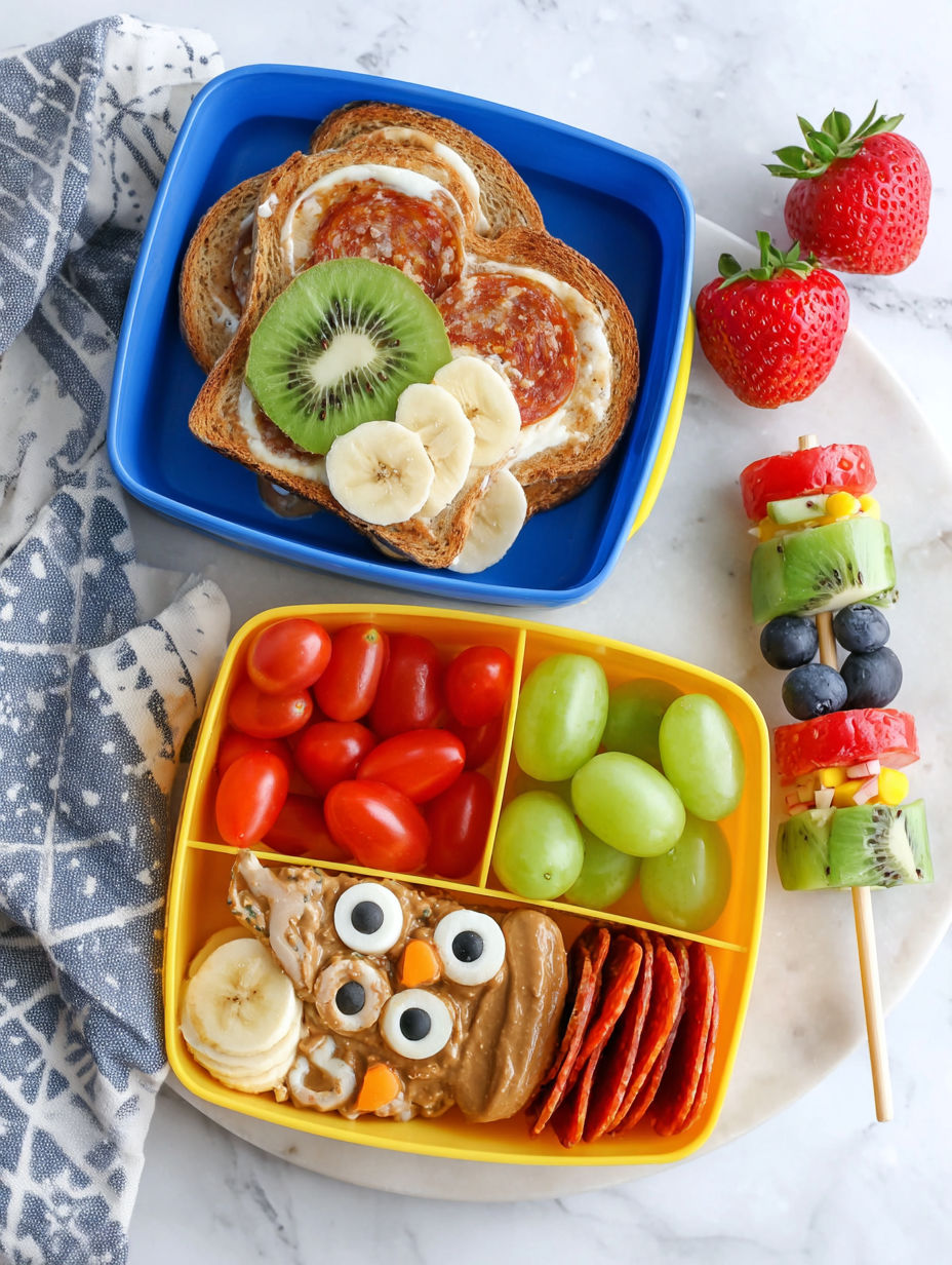 A blue container with a banana, kiwi, and strawberry.
