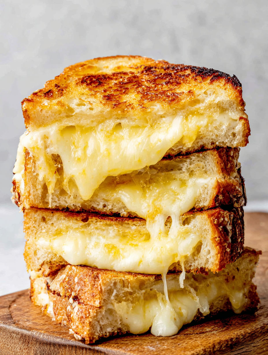 A stack of three grilled cheese sandwiches.