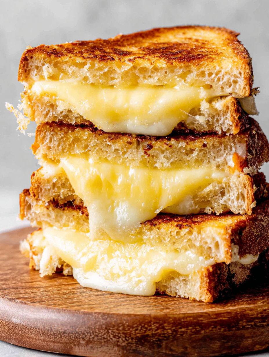 Three grilled cheese sandwiches stacked on a wooden table.