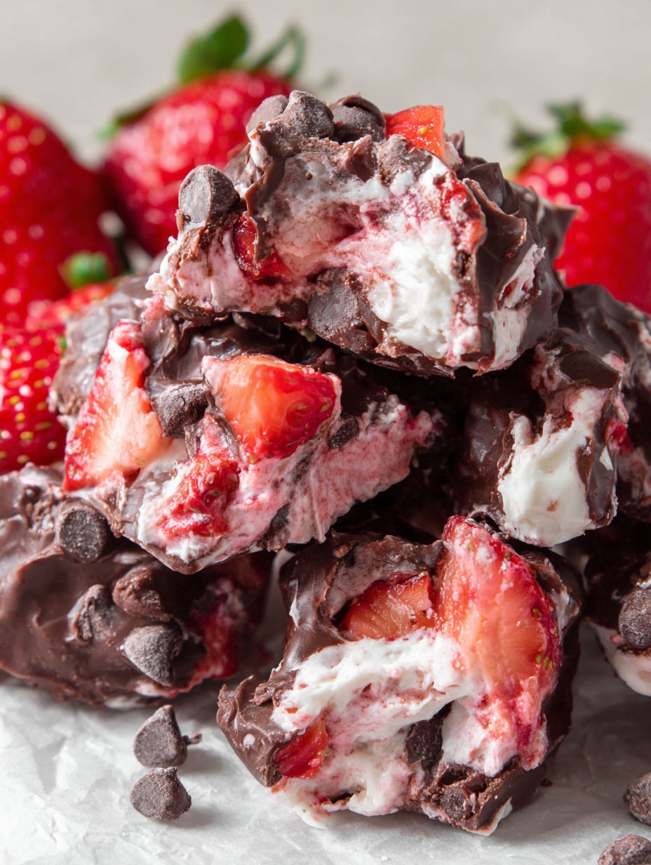 A close up of a chocolate dessert with strawberries on top.