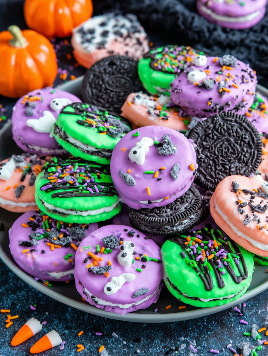 A plate of Halloween chocolate covered Oreos.