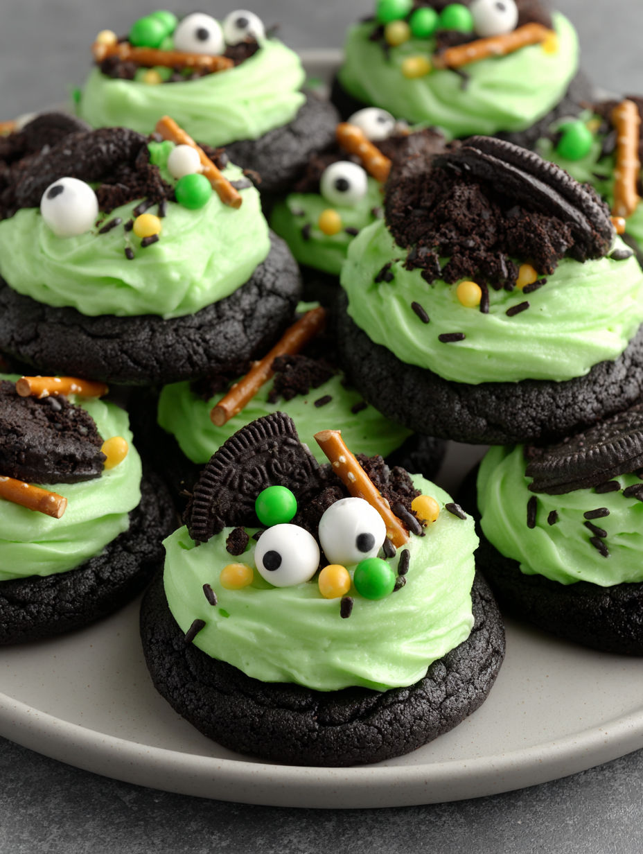 A plate of cookies with green frosting and black frosting.