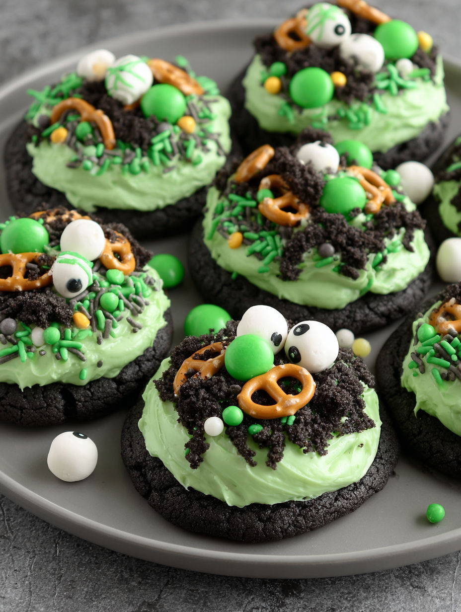 Green and black cookies with a creepy face.