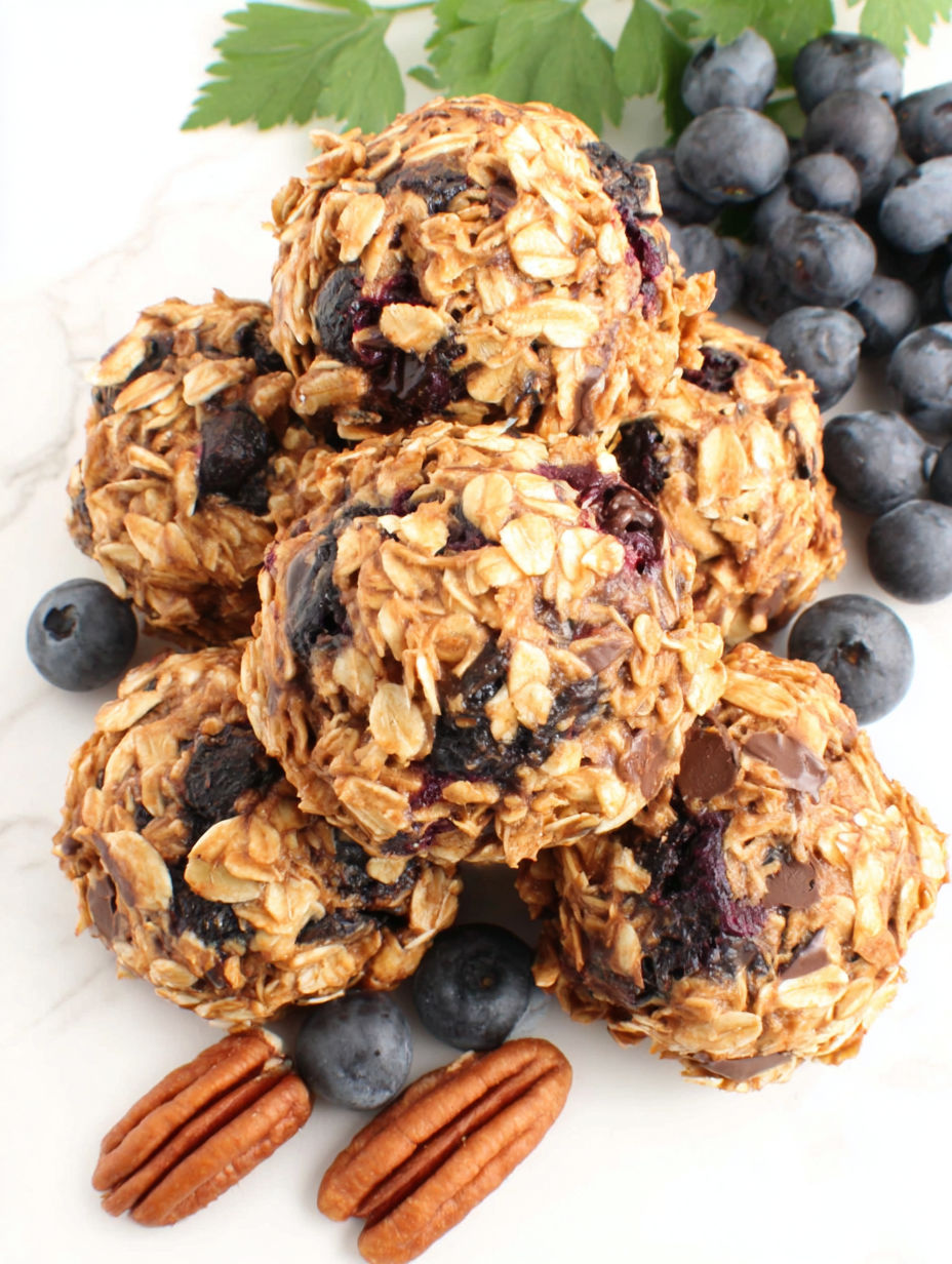 A stack of oatmeal cookies with blueberries on top.