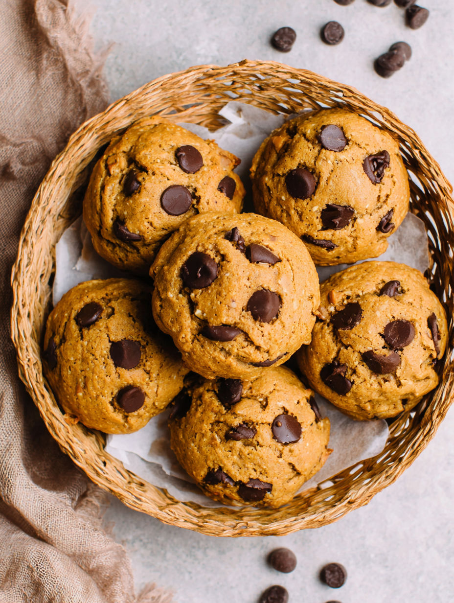 A basket of chocolate chip cookies.