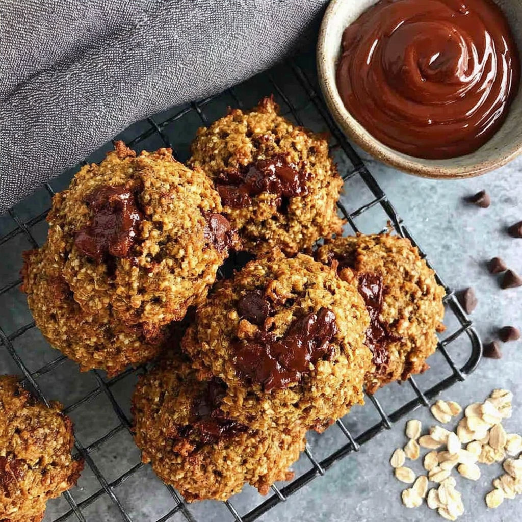 A bowl of chocolate sauce next to a plate of gluten-free oatmeal chocolate chip cookies.