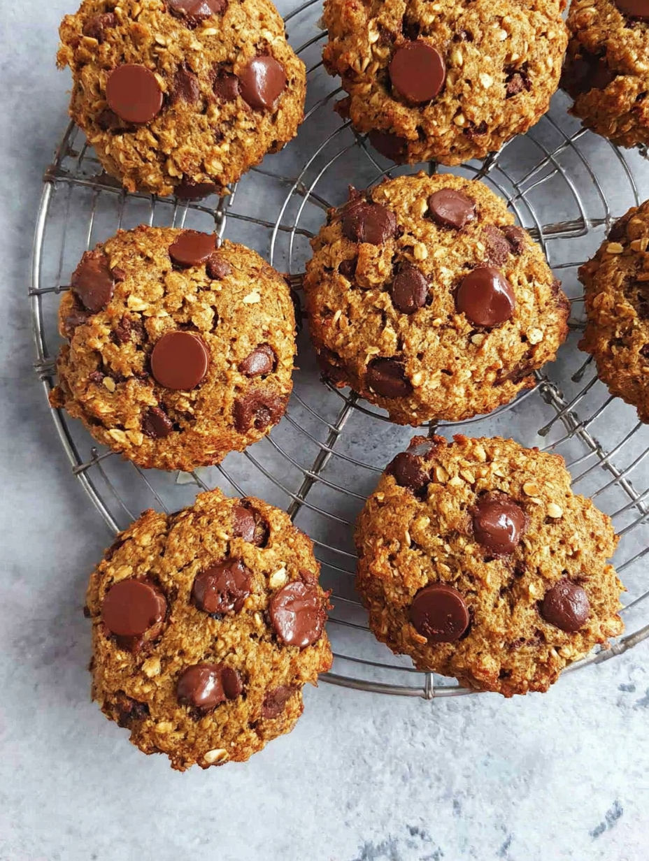 A wire rack holds a dozen gluten-free oatmeal chocolate chip cookies.