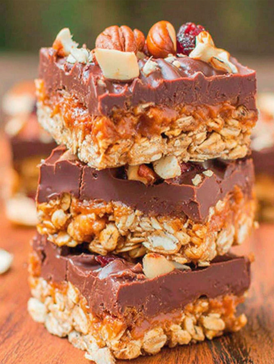 Three layers of chocolate and granola bars.