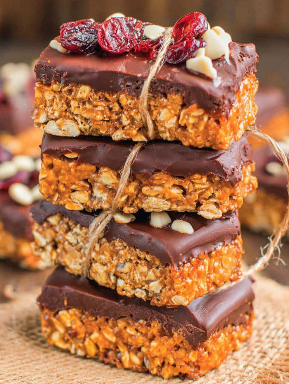 A stack of chocolate granola bars with nuts and berries.