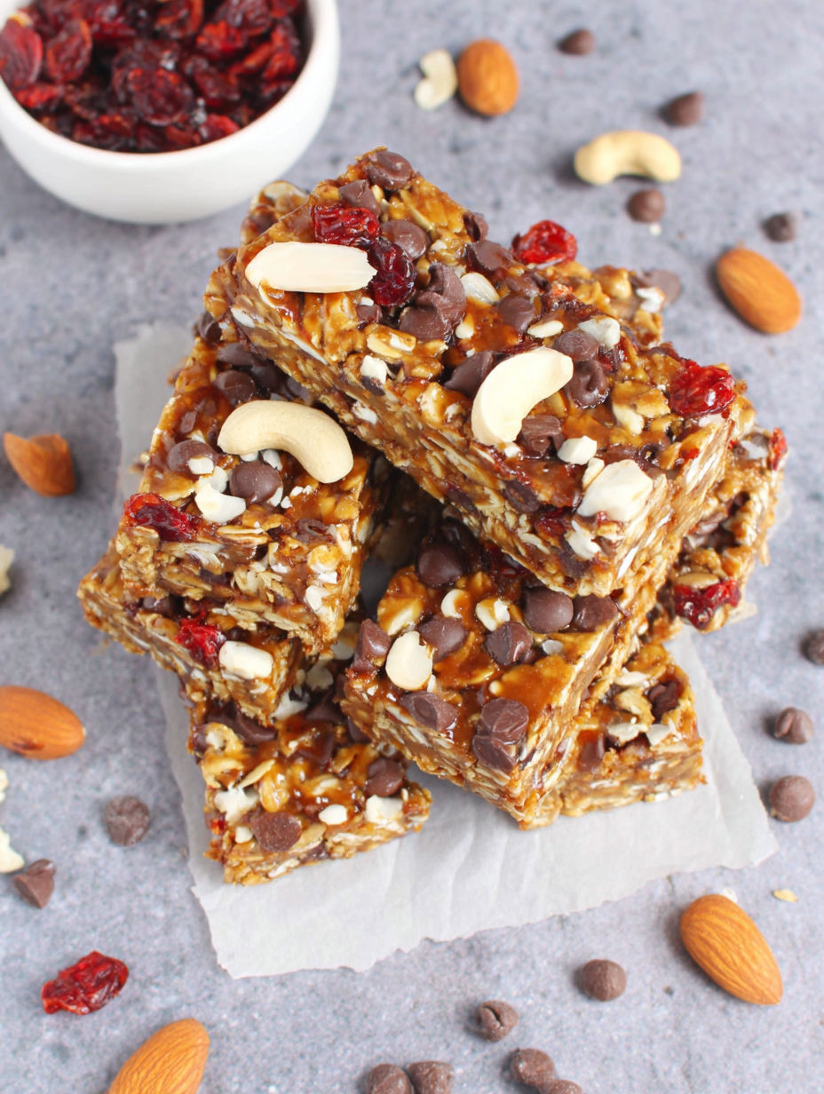 A stack of granola bars with nuts and chocolate chips.