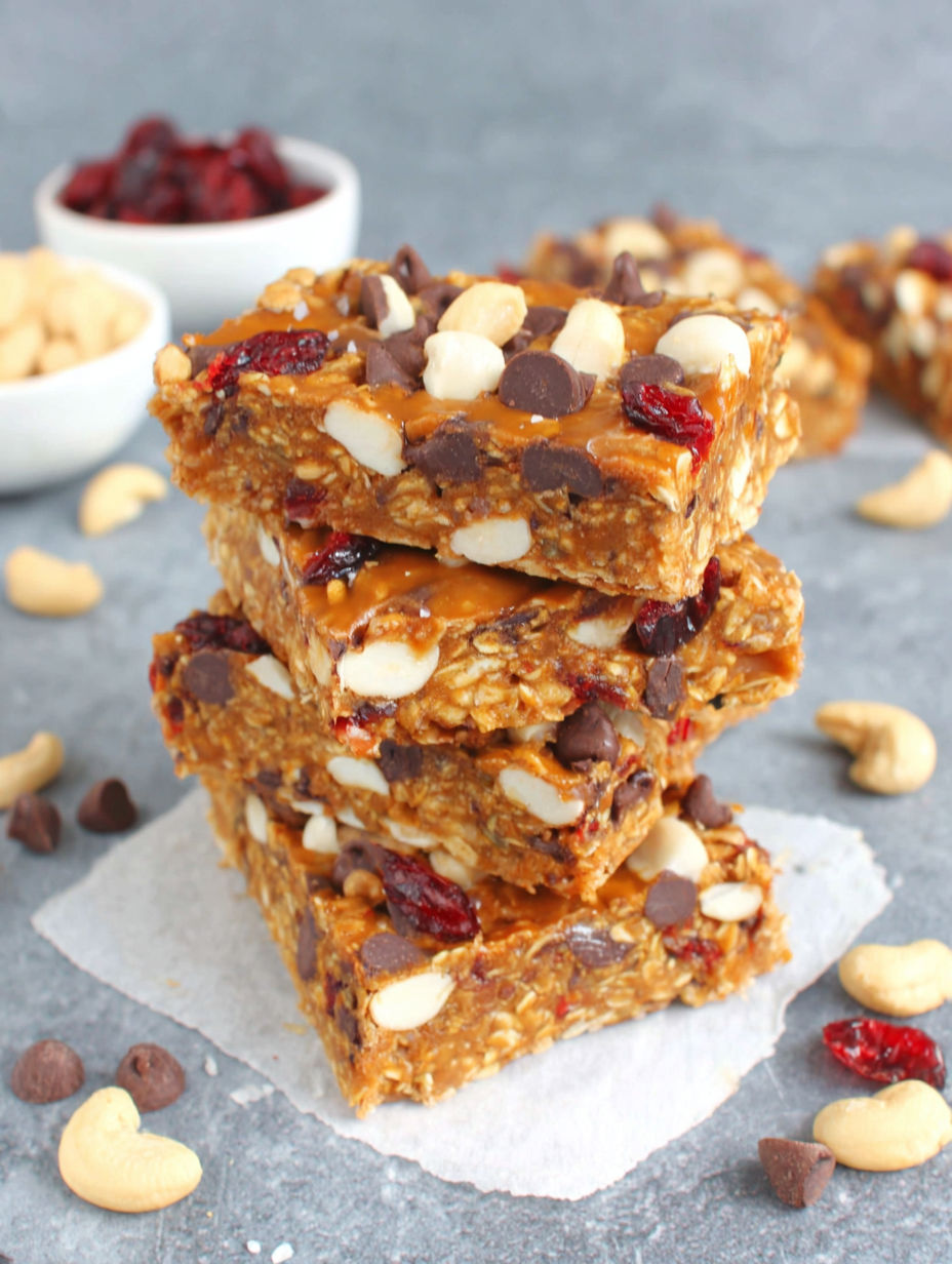 A stack of granola bars with chocolate chips and raisins.