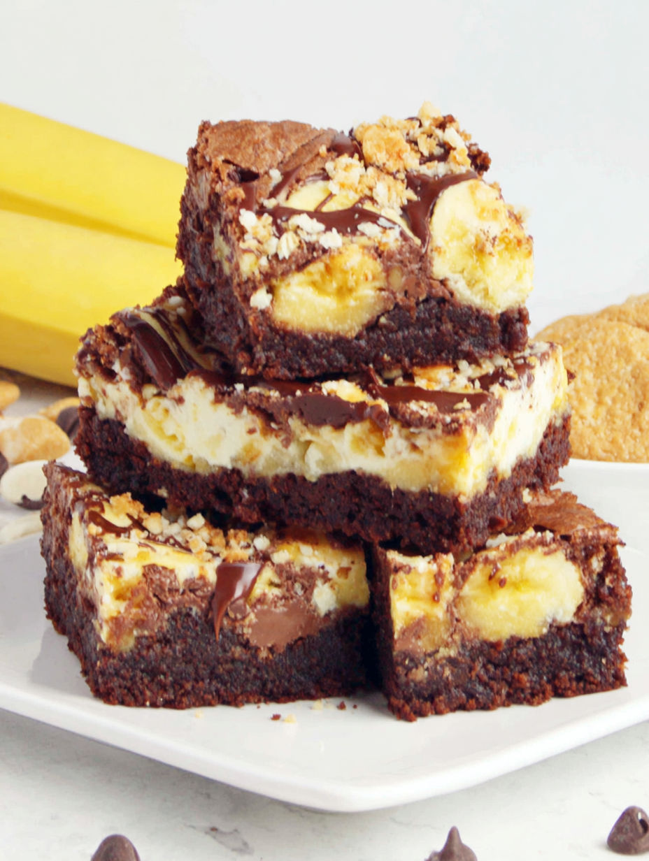 Three pieces of chocolate cake with banana slices on top.