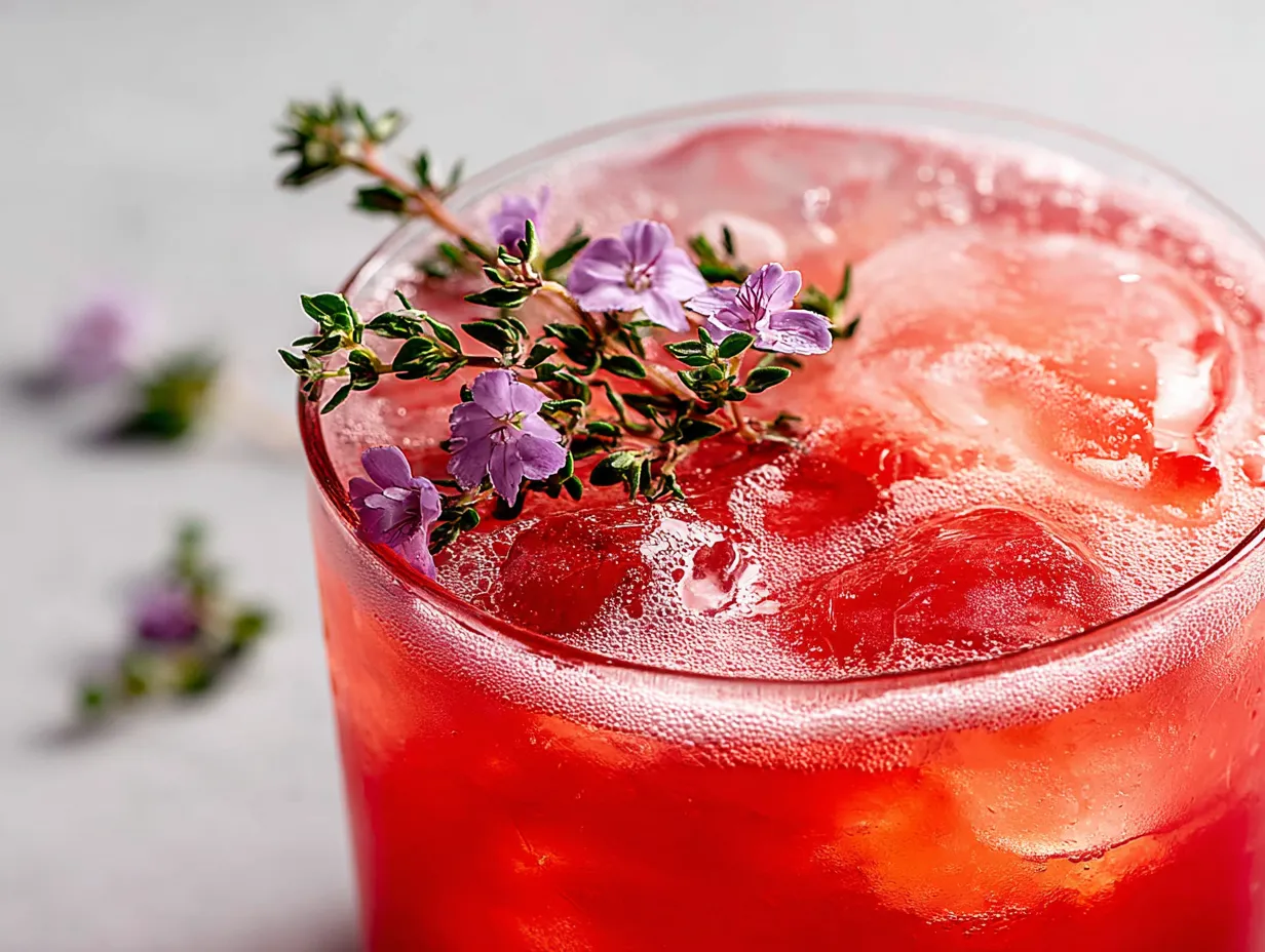 A glass of red wine with a sprig of lavender.