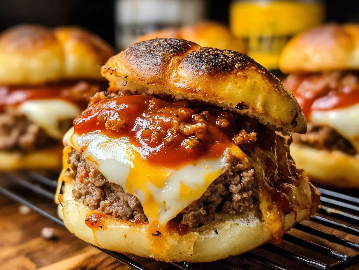 A burger with cheese and tomato sauce on a wooden tray.