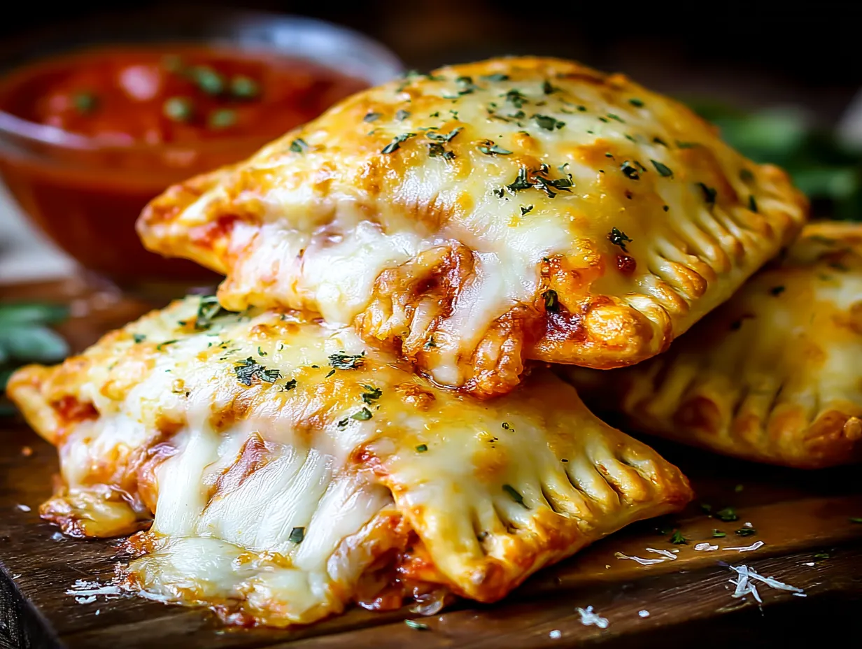 Two cheese-filled pockets on a wooden platter.