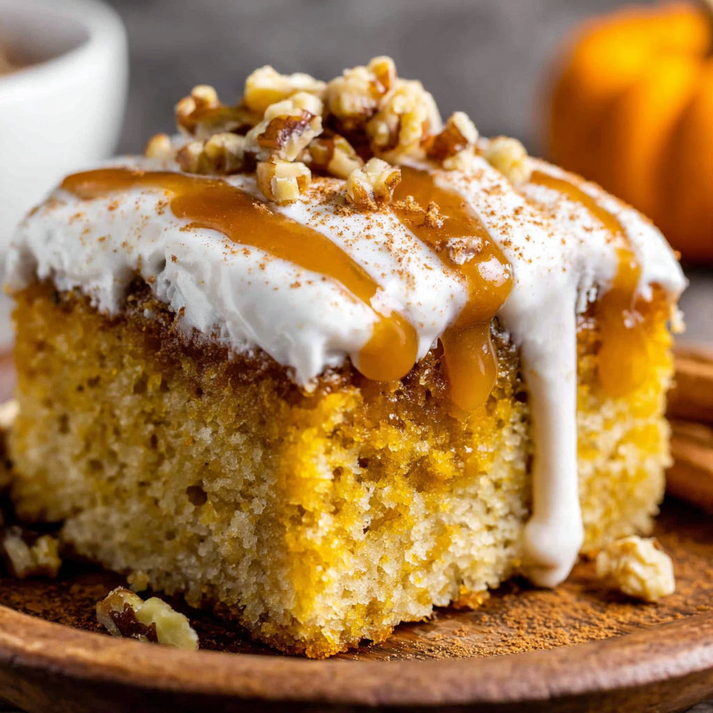 A slice of pumpkin poke cake with white icing and nuts.