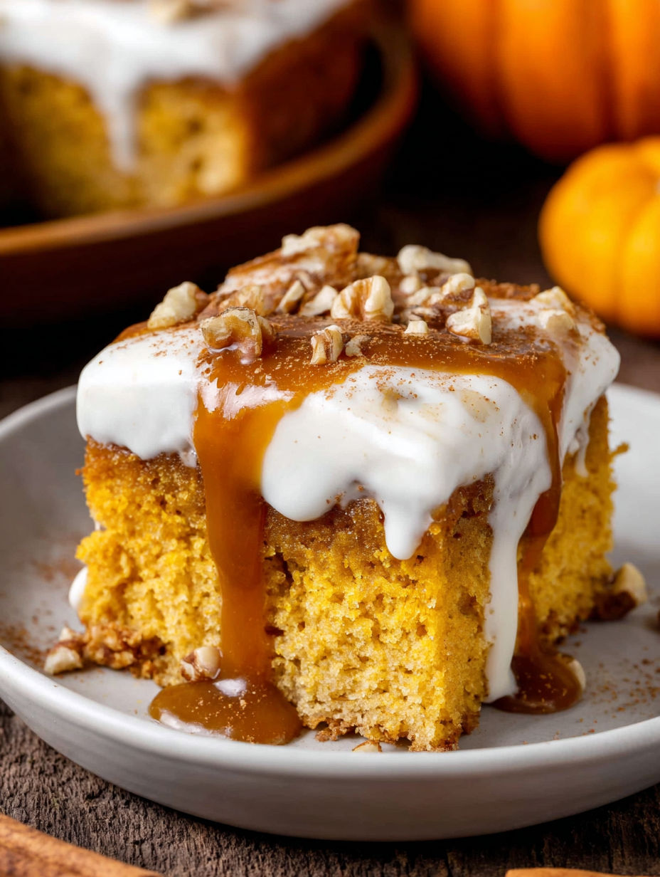 A slice of pumpkin poke cake with white frosting and nuts.