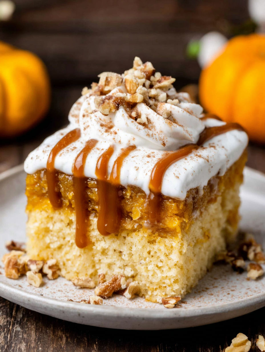 A slice of pumpkin poke cake with caramel drizzle.