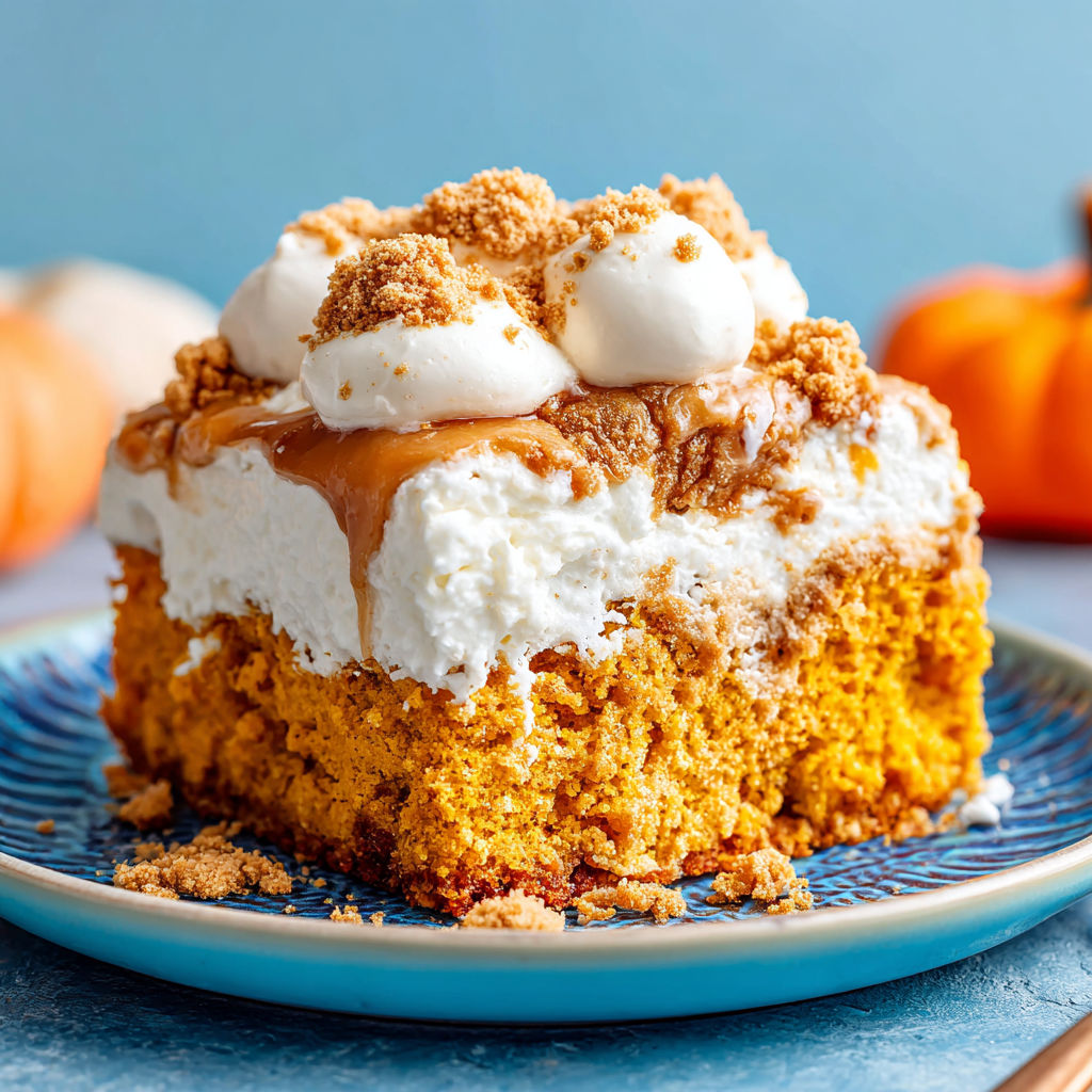 A slice of pumpkin spice poke cake on a blue plate.