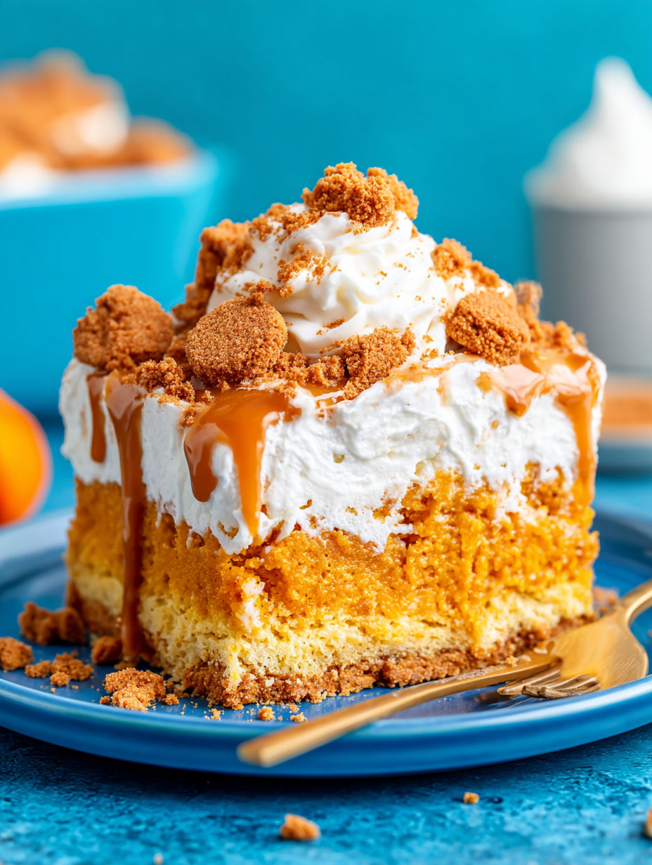 A slice of pumpkin spice poke cake.