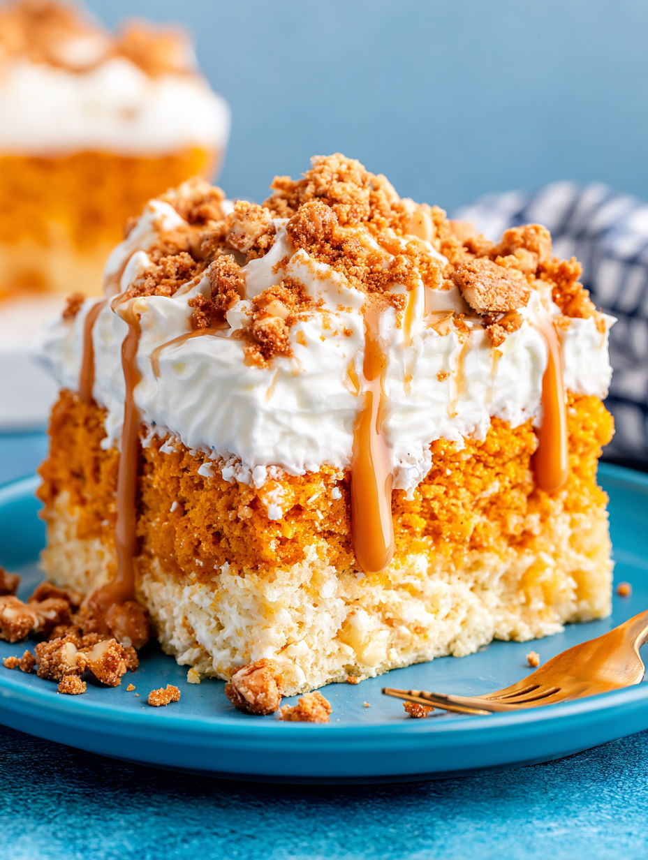 A slice of pumpkin spice poke cake on a blue plate.