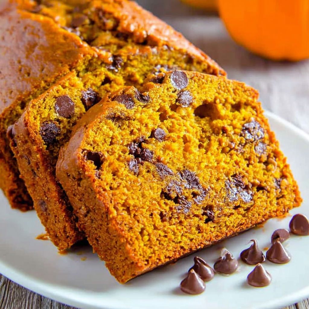 A slice of pumpkin bread with chocolate chips.