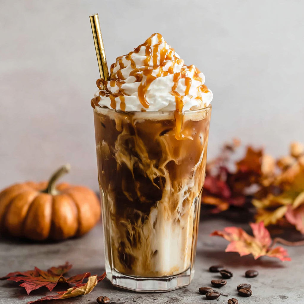 A glass of Caramel Pumpkin Spice Iced Coffee.