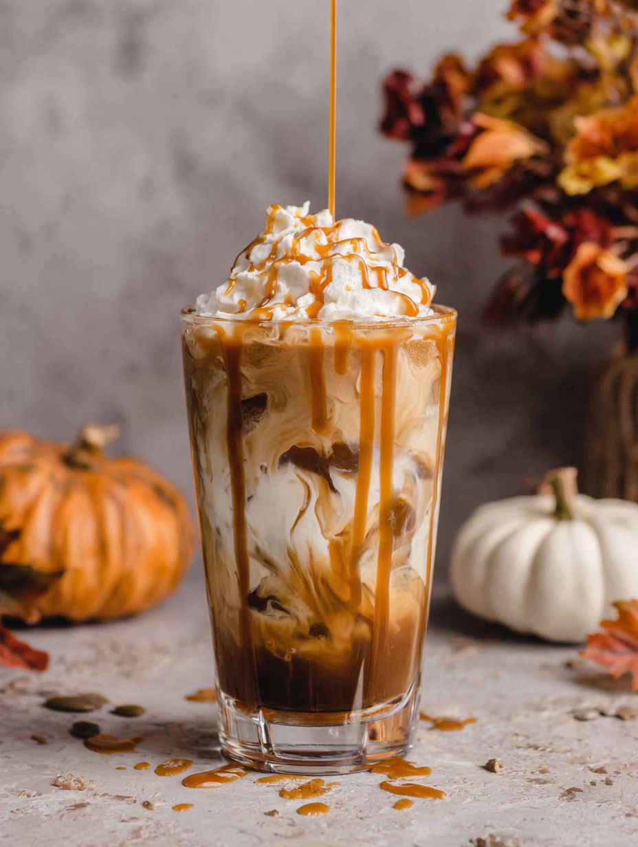 A glass of Caramel Pumpkin Spice Iced Coffee.