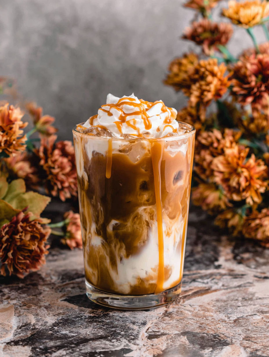 A glass of Caramel Pumpkin Spice Iced Coffee.