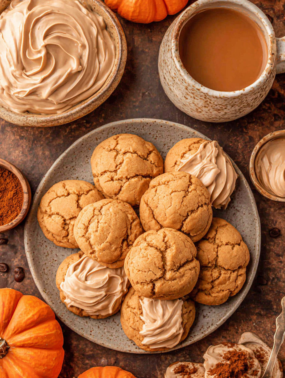 A plate of cookies with a cup of coffee.