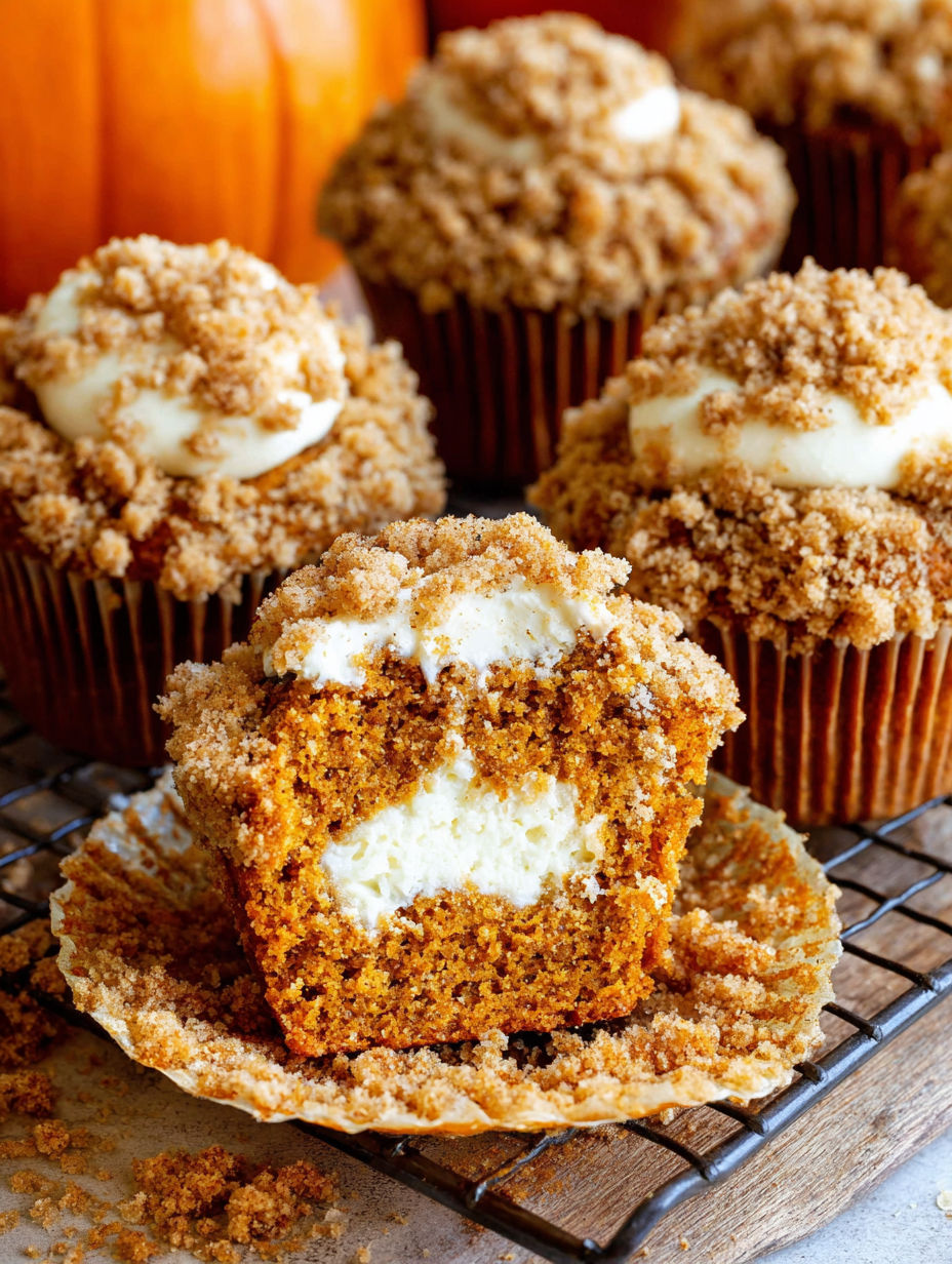 A close up of a pumpkin cream cheese muffin.