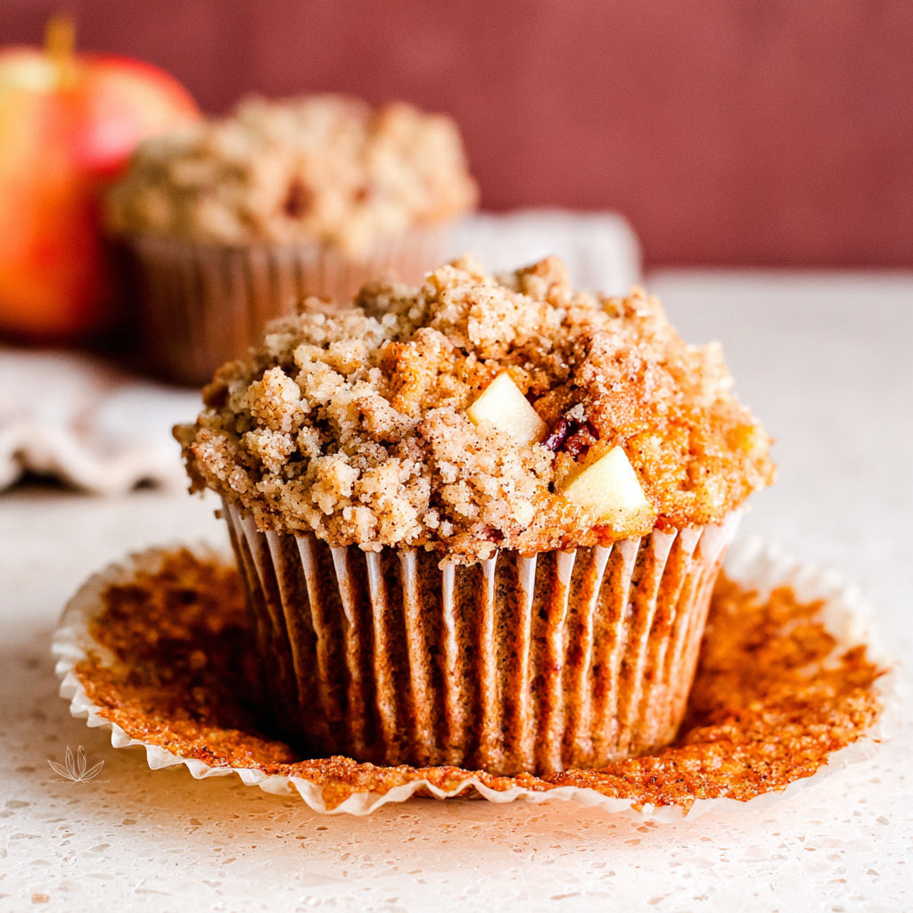 Two muffins with apple streusel topping.