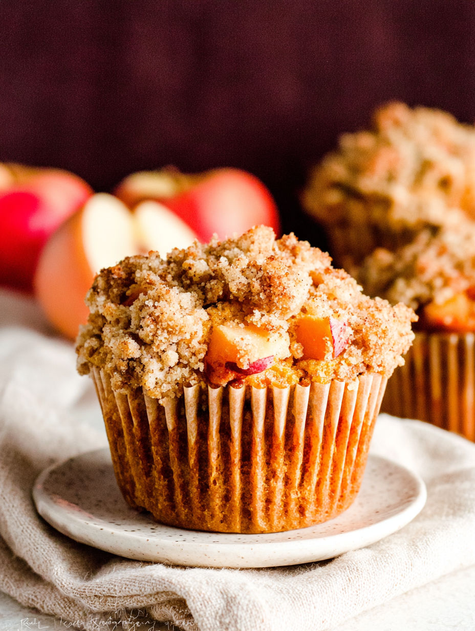 A plate of muffins with apple and pumpkin streusel toppings.