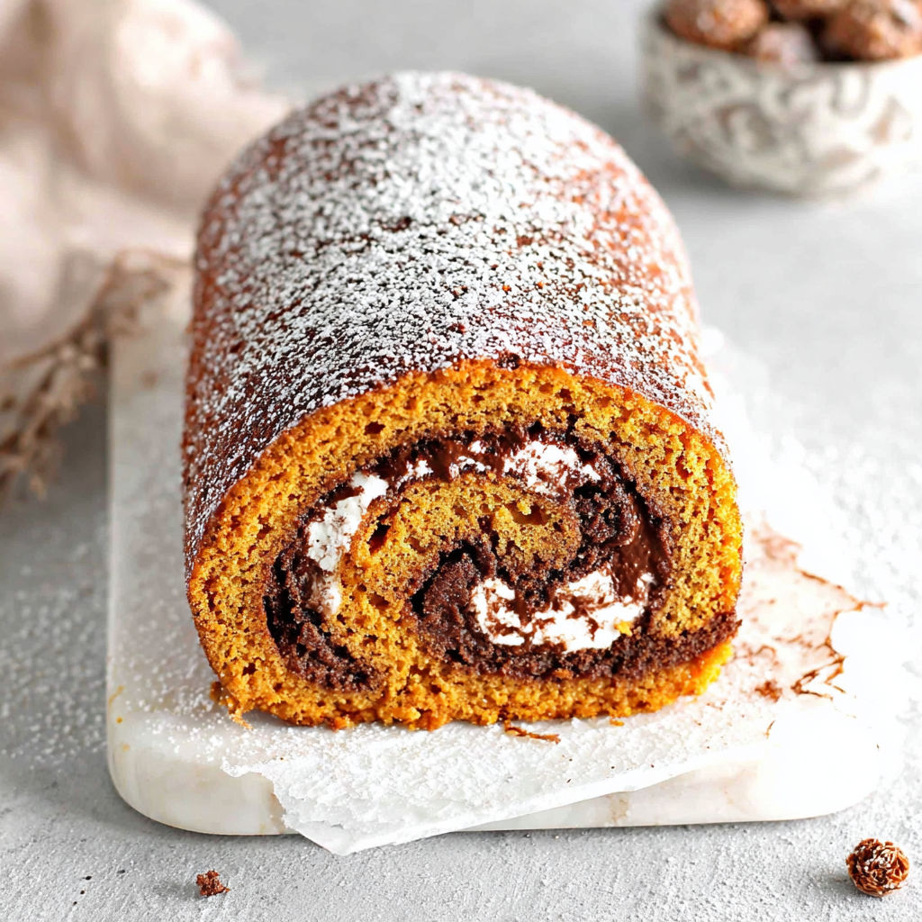 A small pumpkin roll cake with chocolate filling.