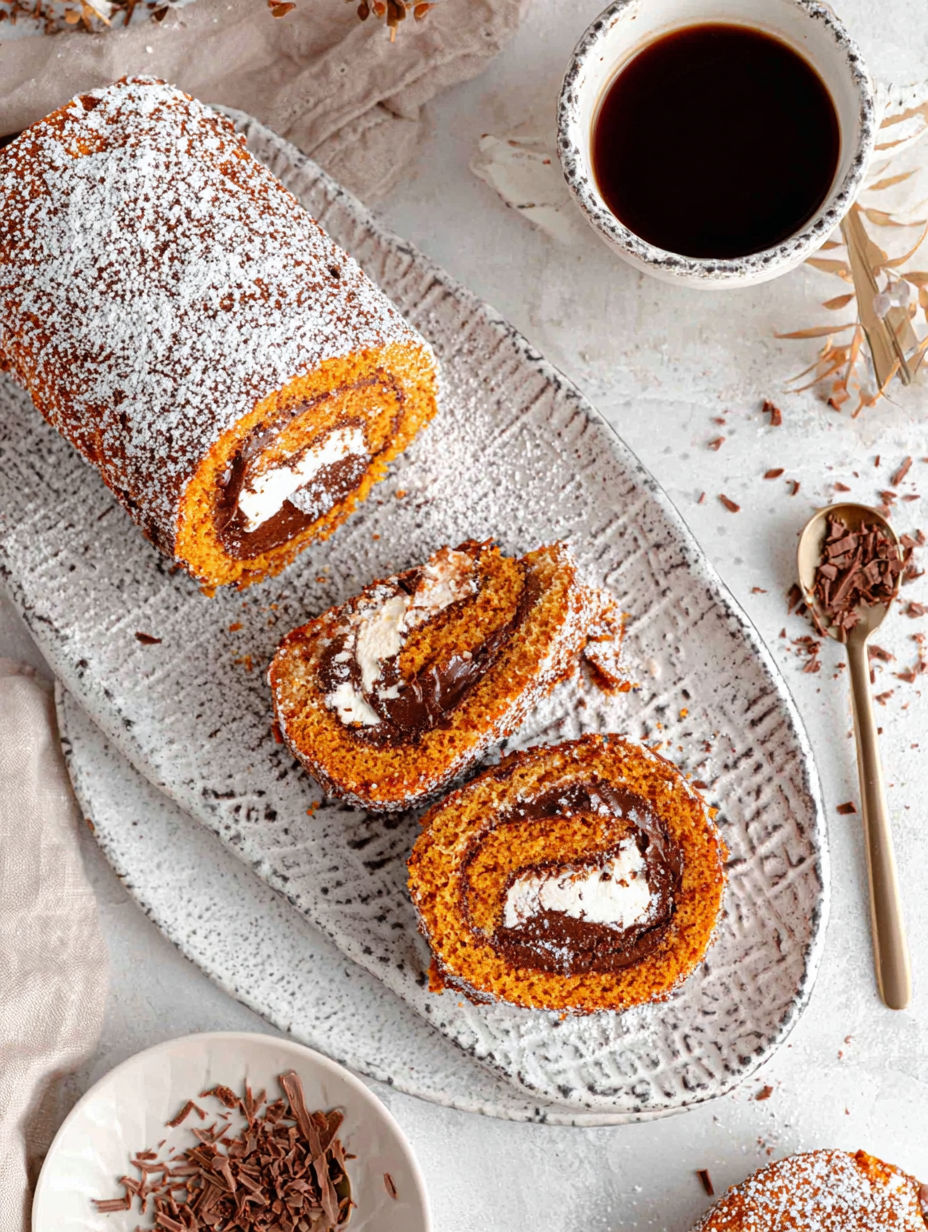 A small pumpkin roll cake with chocolate filling.