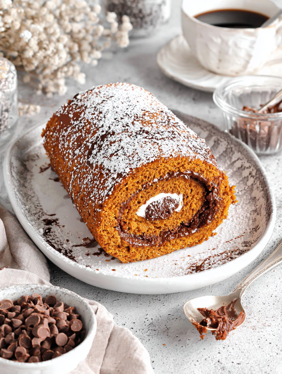 A small pumpkin roll cake with chocolate filling.