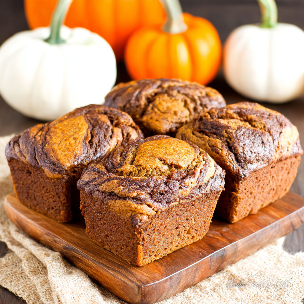 Three mini loaves of cinnamon swirl pumpkin bread.