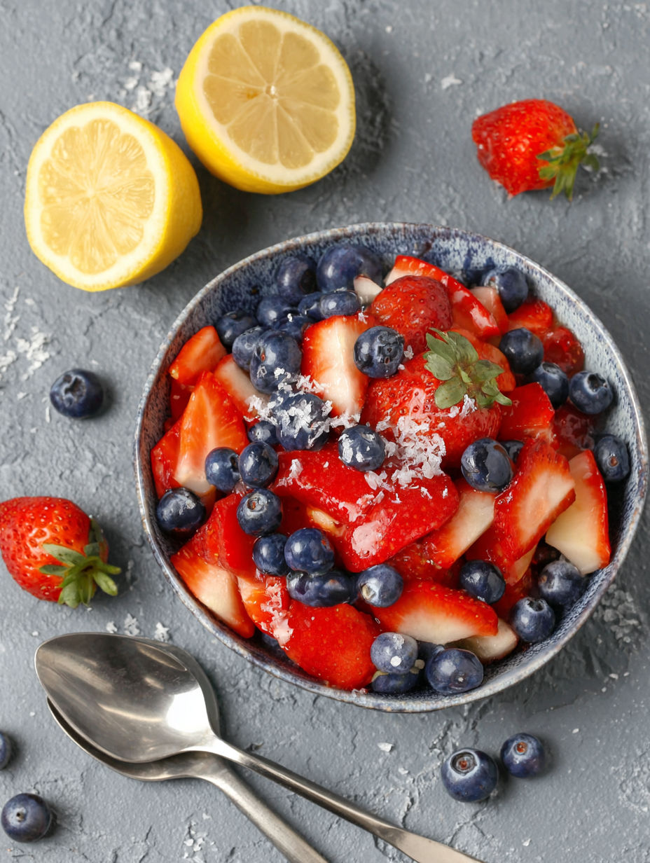 A bowl of red, white and blue fruit salad.